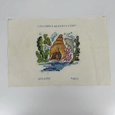 VTG SEA SCENE Fish CONCH SHELL  Completed Cross Stitch Beach House Art Unframed