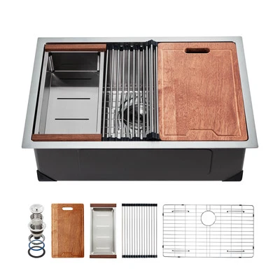 30" Kitchen Sink Stainless Steel Undermount Single Bowl Drop-In Basin Bar