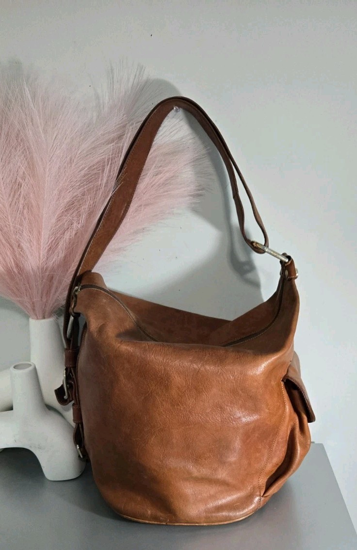 VTG Marino Orlandi Italian Leather Convertible Bucket Sling Bag - Cognac Brown