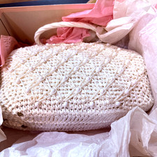 Vintage 1960 White Woven Beaded Handbag W/Gold Tone Frame  White Plastic Handle
