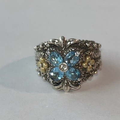 Barbara Bixby Sterling & 18k Gold Flower Ring Size 5, Topaz Excellent Condition