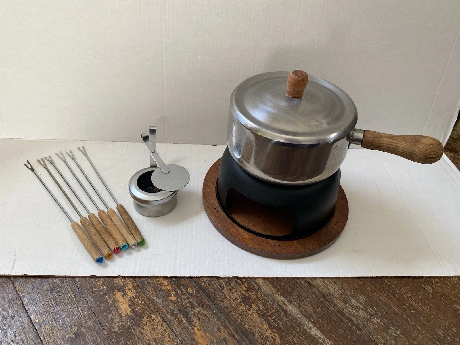 Vintage Fondue Set W/ Stand, Wooden Base, Metal Pot & Accessories 70s MCM