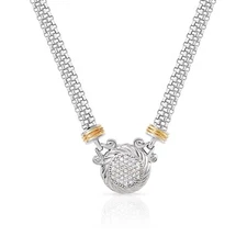 Solid 925 Sterling Silver Gold Accents Medallion CZ Pendant Italian Necklace 18"