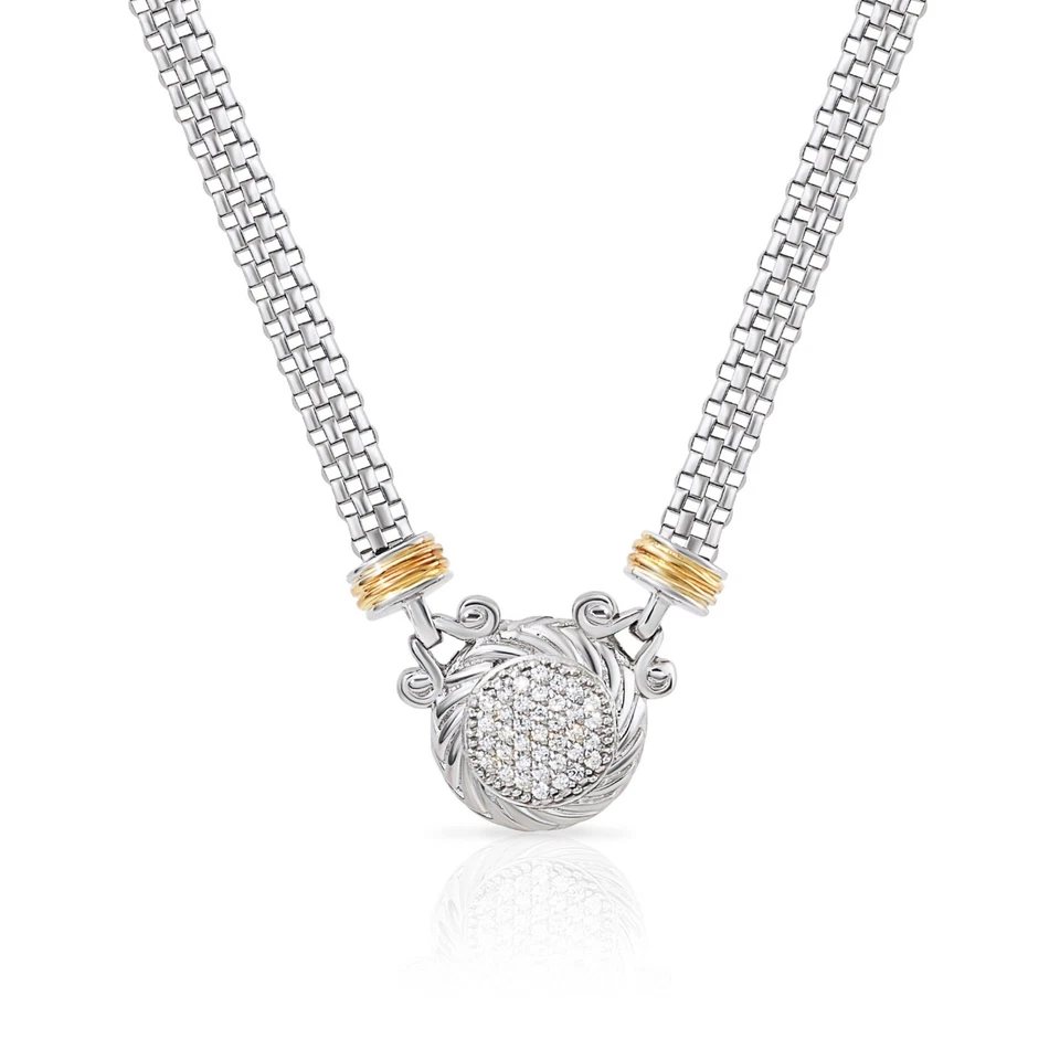 Collar italiano colgante medallón de circonita cúbica con detalles de oro 925 sólido 18"