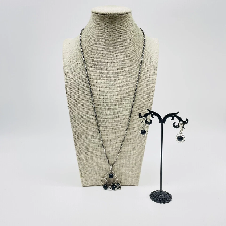 PARK LANE Collar con Dije de Cuentas Negras Pendientes a Juego Tono Plata Regalo Vintage Foto 2 de 4