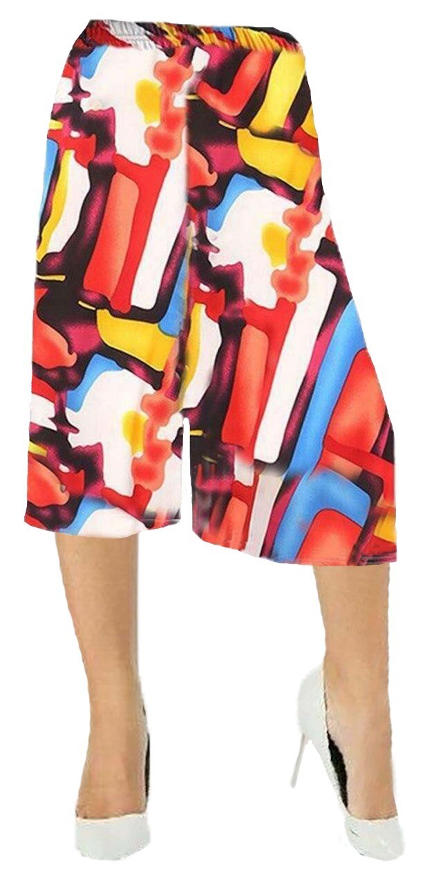 Womens 3/4 Cropped Printed Style Ladies Plazzo Wide Leg Culottes Trouser UK 8-26