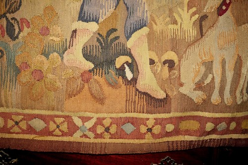 c.1800s French Aubusson Chateau Bourdeaux Hunting Verdure Gobelin Tapestry 55x60 - Picture 13 of 24