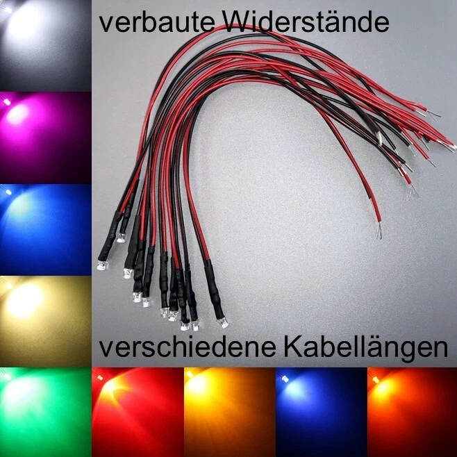 verkabelt 3mm LEDs Flachkopf wasserklar alle Farben 3 mm LED Widerstände - Bild 2 von 3