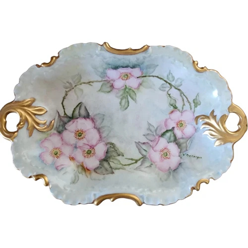 Limoges Porcelain Hand Painted Double-Handle Dresser Vanity Tray
