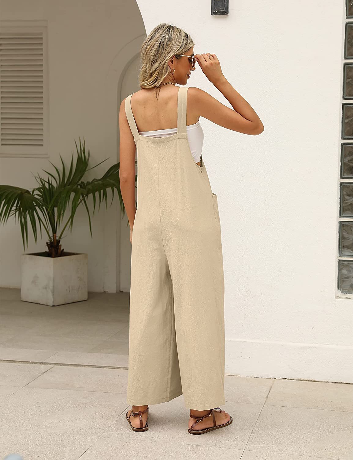 PUWEI Summer Cotton Linen Bib Overalls Women Baggy Sleeveless Wide Leg