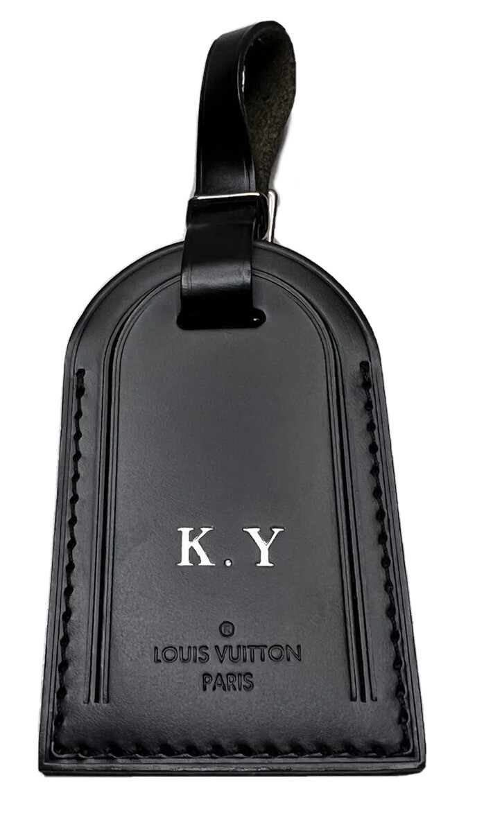 Louis Vuitton Paris Black Leather Name Tag w/ KY Initials Silver