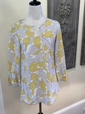 Lesley Evers Tulip Print Yellow/Gray Cotton 3/4 Bell Sleeve Blouse- USA- Small