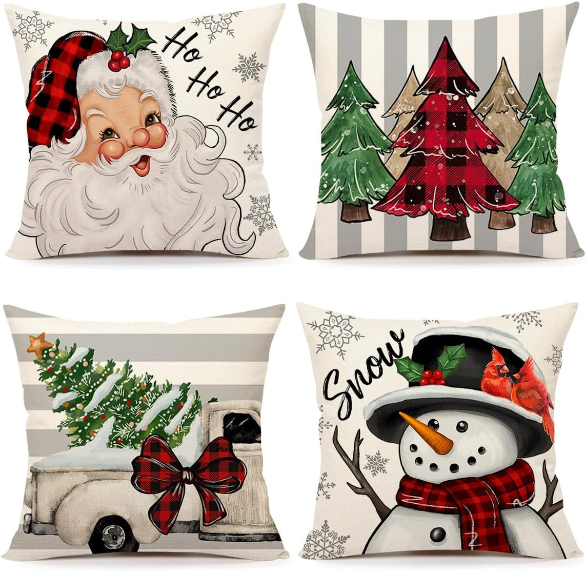 Christmas Pillow Covers 18X18 Set of 4 Farmhouse Xmas Decorations Snowman Santa