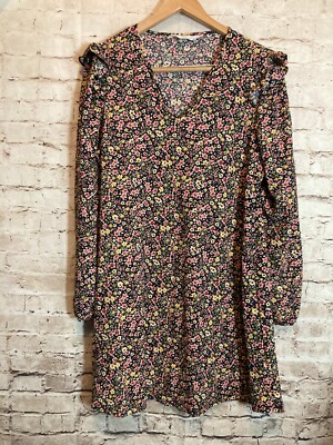 Primark Cares Dress Womens Large Black Micro Floral Ruffle Puff Sleeve Cottage