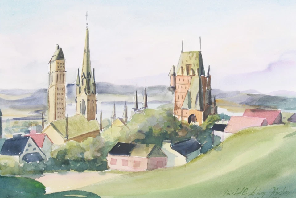 Pintura acuarela Quebec Canadá firmada Michelle Lemay Flesher 1971 Foto 2 de 4