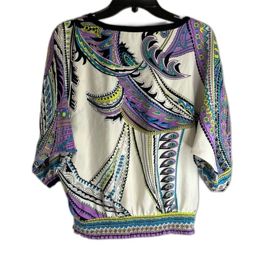 New York & Company Retro Abstract 1/2 Sleeve Satiny Boho Blouse Size XS - Picture 2 of 9