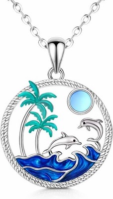SUPAC Tropical Beach Pendant Necklace - Dolphin, Palm Tree, Silver