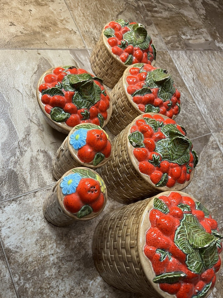 Vintage Strawberry Basket Ceramic Canister Set with Jars & Shakers