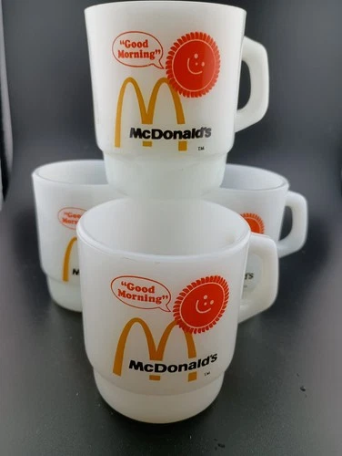 VTG McDonald's Lot of 4 Fire King Anchor Hocking Milk Glass Good Morning Mugs