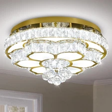 Modern Gold Crystal Flush Mount Ceiling Light 20" Round Flower Shape Petal De...