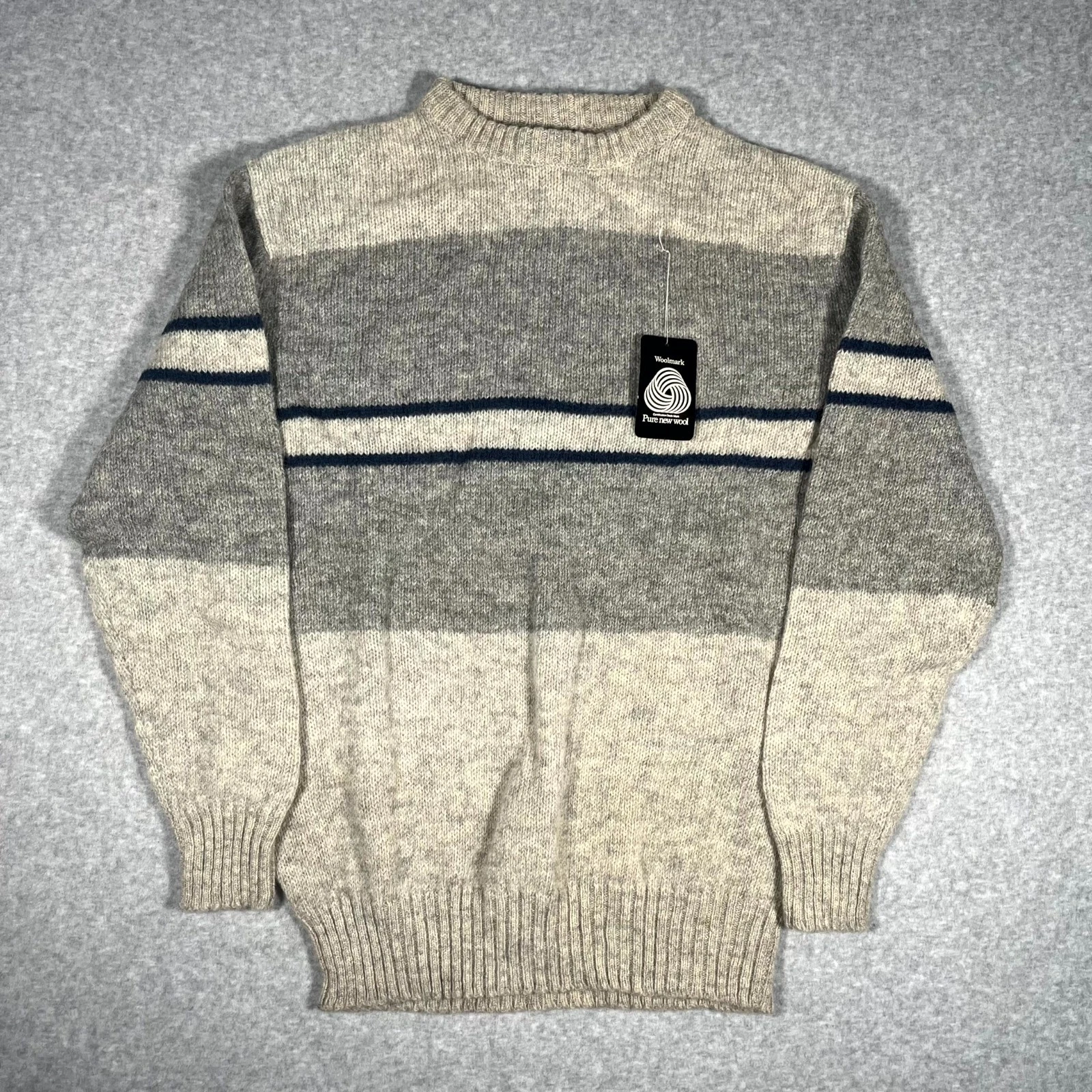 The Woolmark Company Sweater Mens 56 Beige Gray Pure Wool Tight Knit Ribbed
