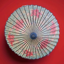 Asian Floral Parasol Bamboo Rice Paper Wood Umbrella Japanese China 32" Diameter