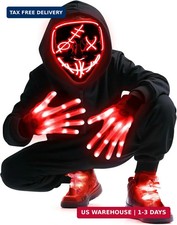 LED Mask Gloves Shoelace Set, Red Blue Halloween Costume Rave Cosplay Kit Li
