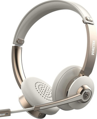 VONZTEK Bluetooth 5.0 Wireless On-Ear Headset Rotating Boom Mic White/Gold