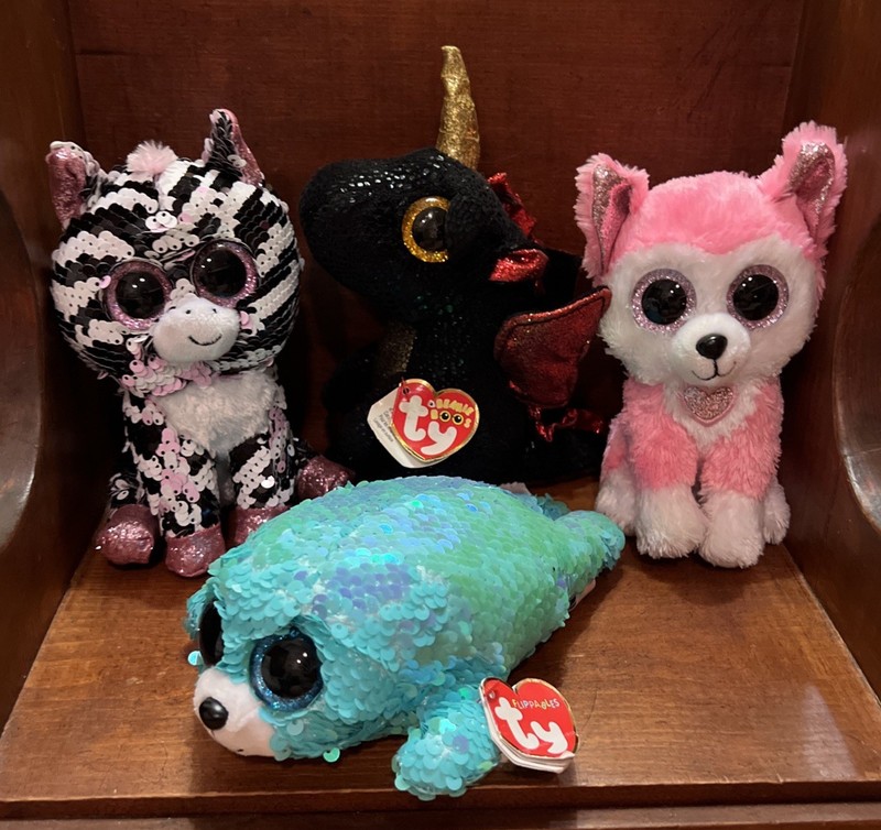 4-TY Beanie Boo Grindel, Tysilk Hunk, Sequence Zoey Zebra & A Flippable Waves