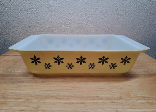 Vintage Pyrex JAJ gelb/zitrone Gaiety Schneeflocken-Design rechteckige Schale