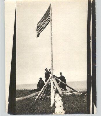 Striking VINTAGE 1930s Press Photo MAKESHIFT Tree Trunk AMERICAN FLAG