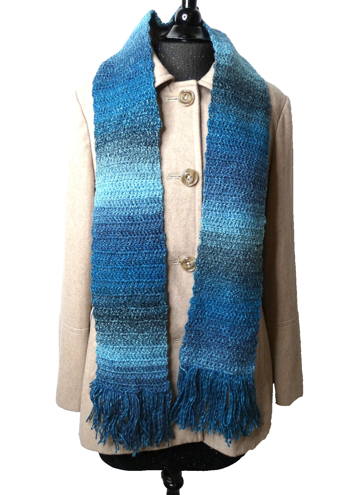 Blue Scarf Stripes Handmade Crochet Hand Knit Warm Lightweight Warm Stylish NWT