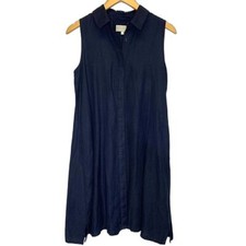 Womens Joan Vass Linen Blend Swing Dress Sleeveless Collar Classic Resort Beach