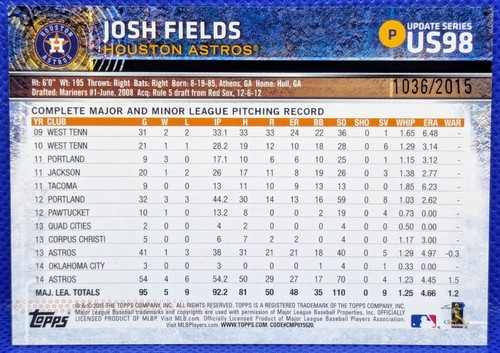JOSH FIELDS 2015 Topps Update GOLD 1036/2015 #US98 Houston ASTROS - Picture 2 of 4
