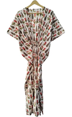 Cotton Loose Short Sleeves Block Print Beige Free Size Hippie Caftan Maxi Dress - Picture 2 of 6
