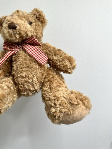 Keel Simply Soft Collection tan Teddy Bear Plush red gingham Bow 12” tall brown - Picture 2 of 13