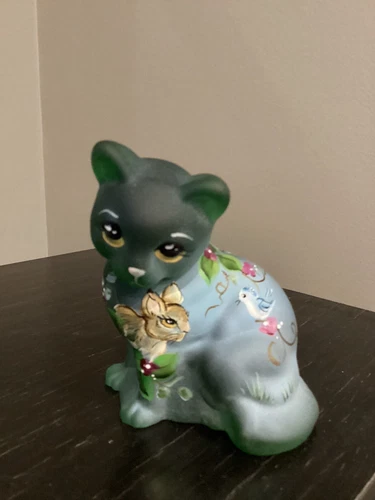 Fenton Glass Emerald Green Bunny Buddy Bluebird Sitting Cat Ltd Ed #23/31 Kibbe