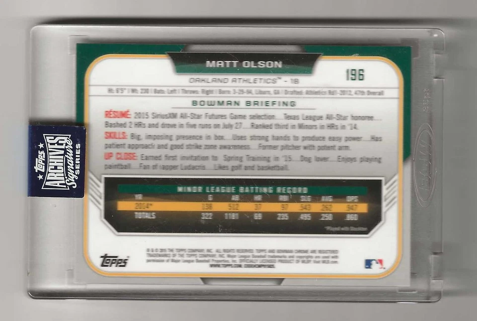 Topps Archives Signature Series 2020 Matt Olson (2015 Bowman Draft) Foto 2 de 2