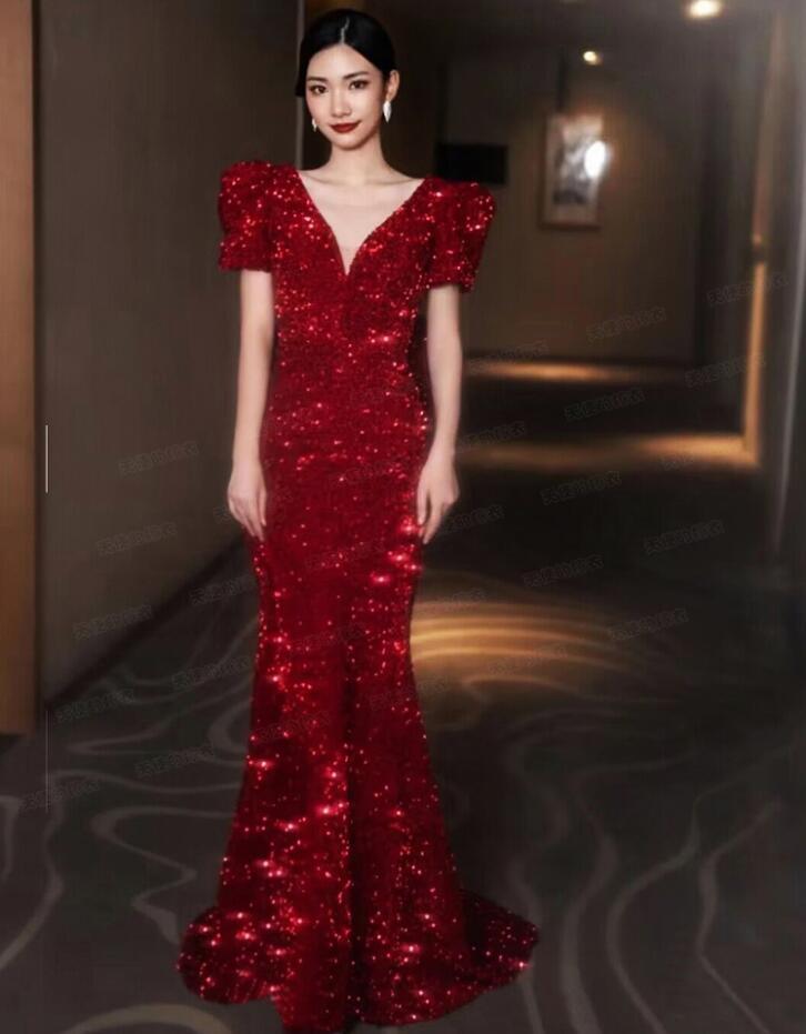 Gorgeous Red V Neck Sequins hubble-bubble sleeve Fishtail Gown Evening  Dresses