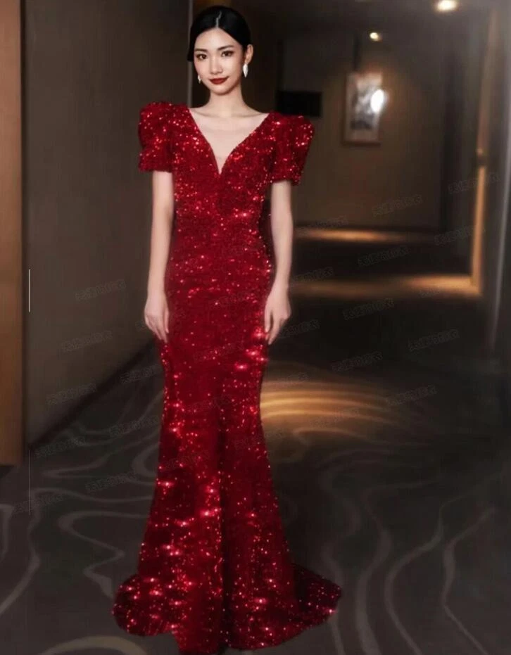 Gorgeous Red V Neck Sequins hubble bubble sleeve Fishtail Gown