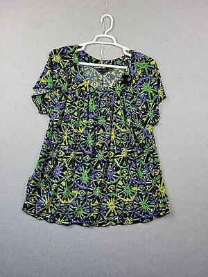 Susan Lawrence Black Green Geometric Stretch SS Career Blouse Women's Plus 3X