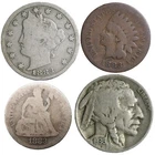 4 OLD U.S. TYPE COINS COLLECTION BUFFALO, V NICKEL, INDIAN CENT, SEATED DIME