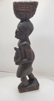 Vintage Carved Wooden 14'' Woman Carrying Basket of Food on Head Statue