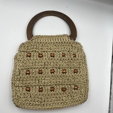 Vintage Macrame Braided Twist Tan Jute Beaded Handbag Purse Wood Handles Boho