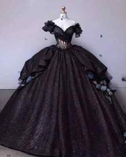 Glitters Black Wedding Dresses Off Shoulder with 3D Flowers Ball Bridal Gowns