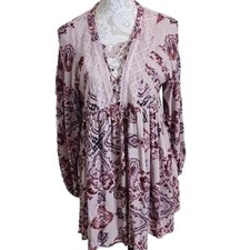 Coco + Jaimeson Dress Mini Boho Pink Paisley 3/4 Sleeve Women's Medium