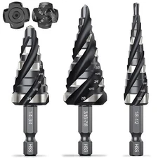 Four Spiral Flute Step Drill Bit Set, 3 Pcs HSS Step Drill Bits (1/8"-7/8") Unib