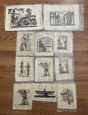 Vintage Egyptian Papyrus Paintings Lot - 11 Hand Painted Art King Tut Nefertari