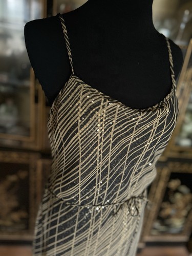 Vtg Studio Soleil 70s Black Gold Strappy Subtle Shimmery Sequin Slip Dress M - Picture 7 of 15