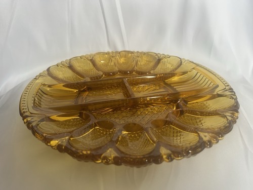 Vintage Indiana Glas Bernstein Nagelglas TEUFEL EIERTELLER TABLETT 12 Eier + Relish - Bild 2 von 3